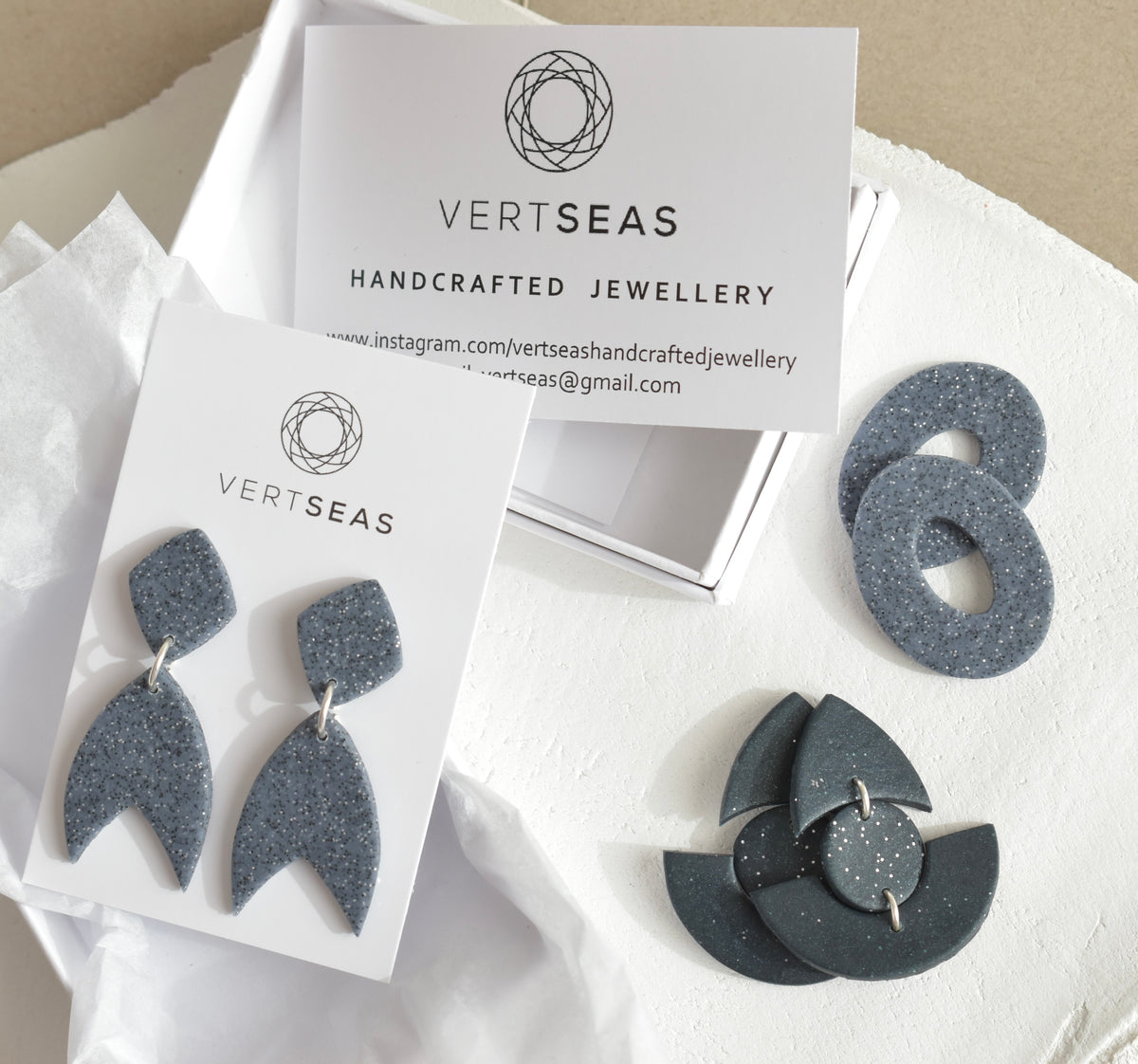 Contemporary Statement Earrings in display handmade by Vertseas Handcrafted Jewellery