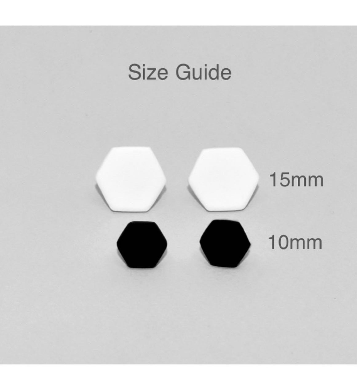 Size guide for Matte black hexagon stud earrings handmade from polymer clay by Vertseas.